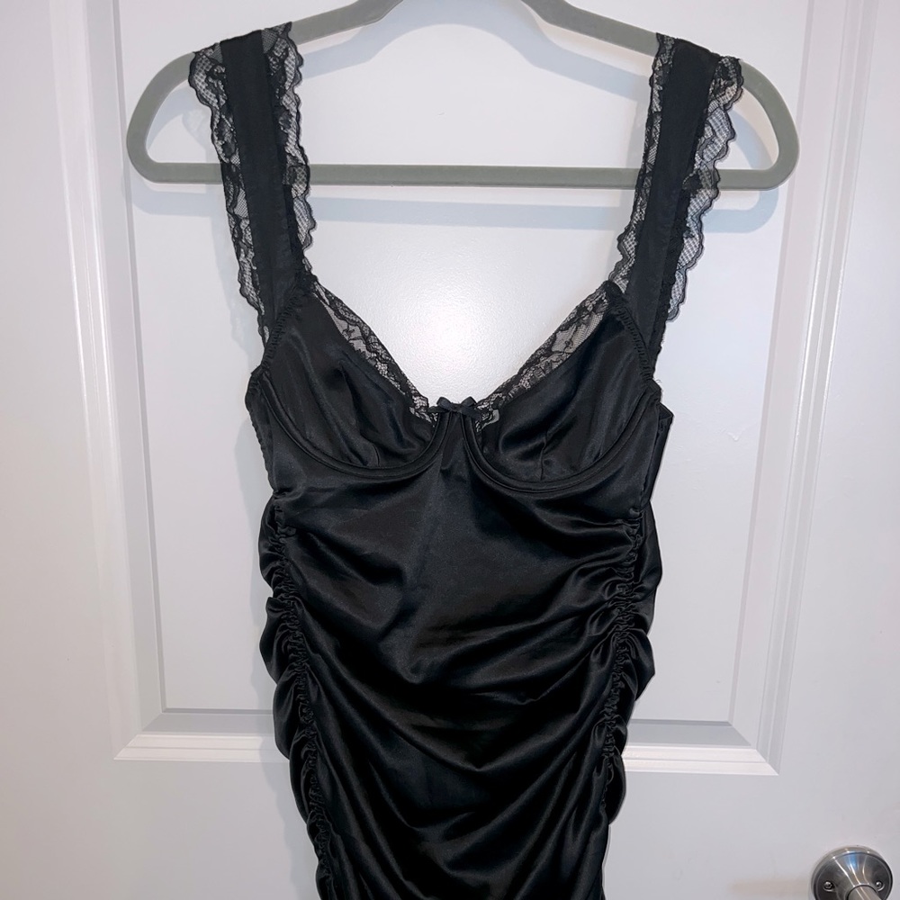 For Love and Lemons black lace detail ruched dress.